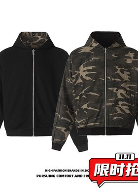 高街复古设计感显瘦两面穿迷彩卫衣男女嘻哈潮流宽松连帽开衫ER42