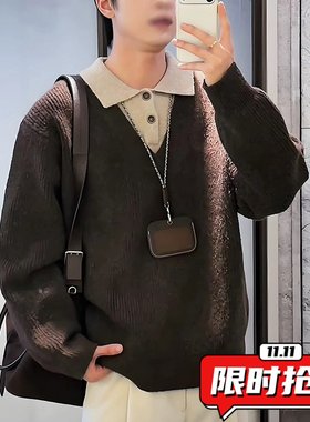 美式灰色假两件v领毛衣男款秋冬高级感慵懒风通勤内搭打底针ER78