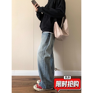 美式复古毛巾绣弯刀牛仔裤男女秋季宽松直筒阔腿拖地镰刀梧桐ER15