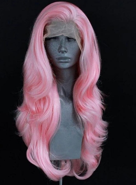 Pink water wave curly hair Cosplay front lace wigs 粉色蕾丝