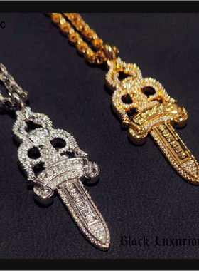 Black Luxurious电镀22K18K嘻哈风格大号镶钻宝剑圣剑刻字项链