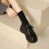 女2025新款 英伦风春秋厚底小皮鞋 34码 真皮系带乐福鞋 黑色通勤单鞋