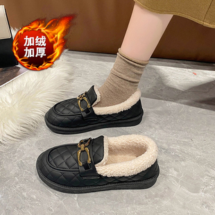 加绒乐福鞋女冬季皮面棉鞋防水防滑工作鞋一脚蹬软底孕妇鞋老北京