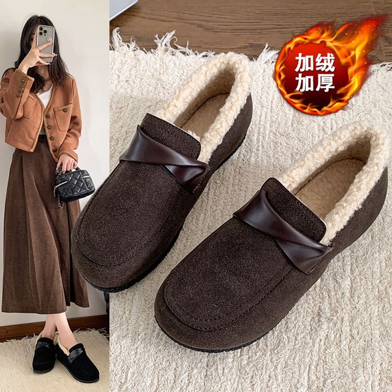 加绒老北京布鞋女冬季妈妈棉鞋2025新款一脚蹬防滑奶奶豆豆鞋软底