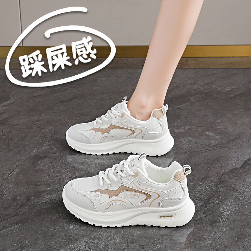 学生运动跑步鞋女轻便减震皮面小白鞋2025新款34码显脚小老爹鞋秋