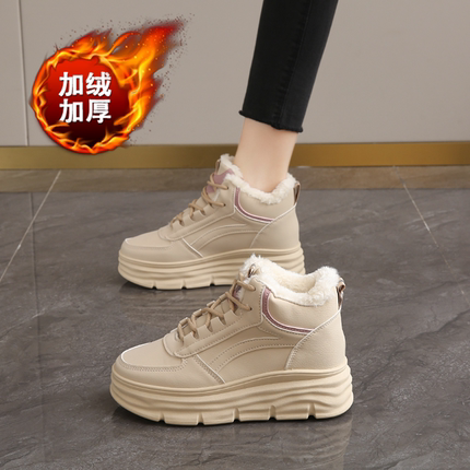 高帮加绒棉鞋女内增高真皮老爹鞋2025新款冬季厚底运动休闲板鞋子