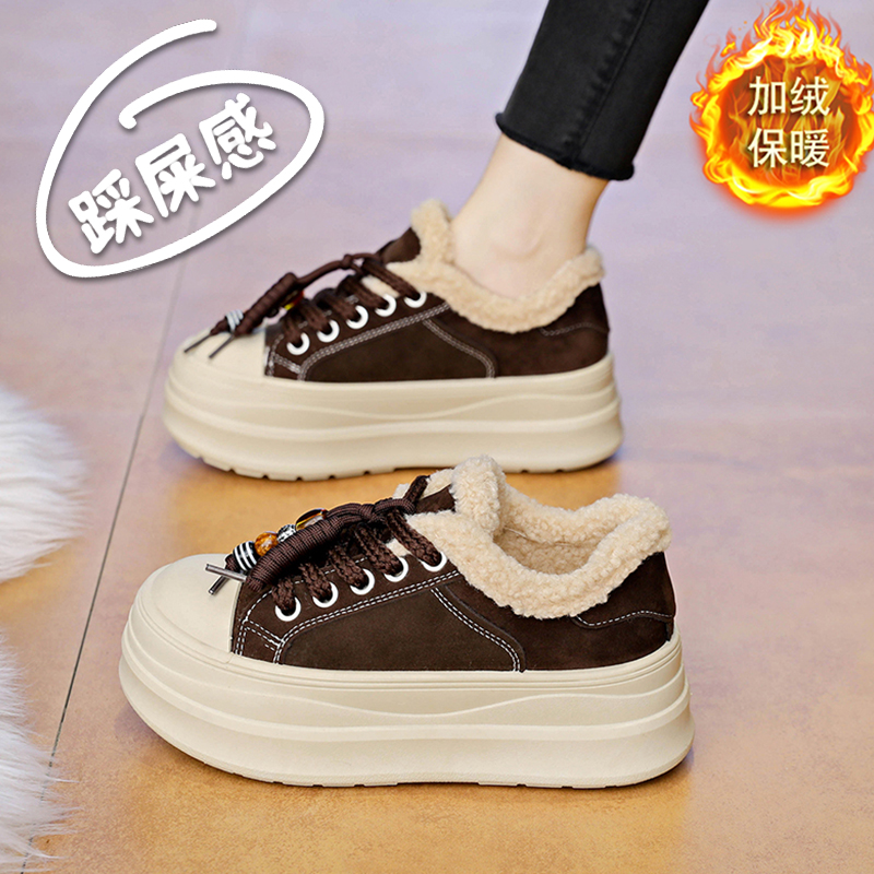 增高6厘米皮面棉鞋女2025冬季新款加绒松糕板鞋小个子34码毛毛鞋