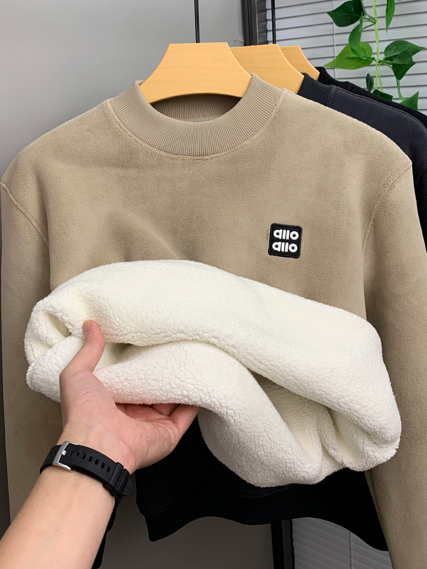 超厚奥粒绒卫衣男圆领冬季男士一体绒保暖上衣加绒加厚驼绒打底衫