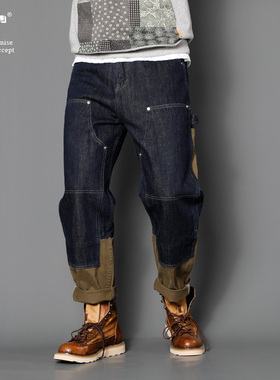 不服叔高端直筒美式牛仔裤男潮牌宽松百搭潮流秋冬季多口袋拼接裤