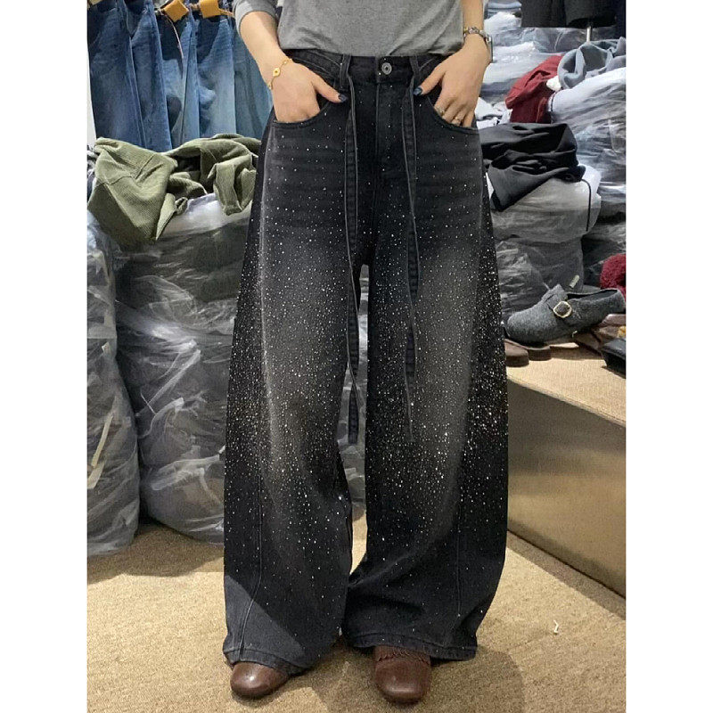 黑色烫钻阔腿牛仔裤女早秋新款大码胖mm小众设计满天星显瘦拖地裤图片