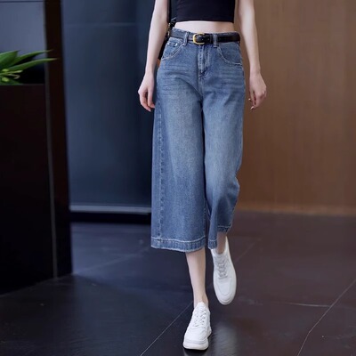 八分阔腿牛仔裤女2026年夏季薄款