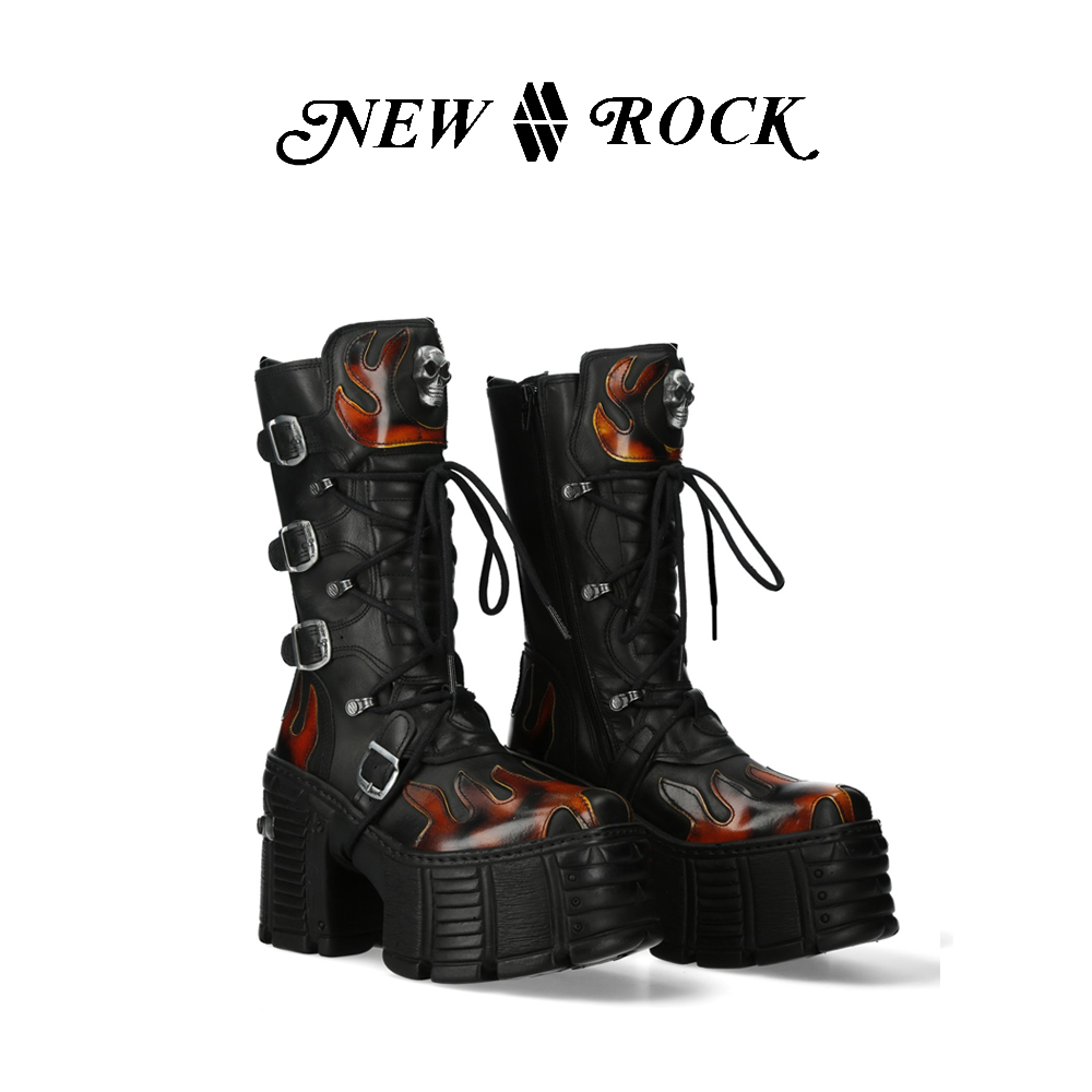 newrock新款火焰粗跟厚底靴