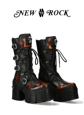 New Rock秋冬新款西班牙手工定制真皮暗黑哥特火焰粗高跟厚底女靴