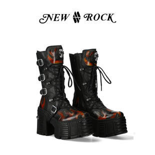 New 西班牙手工定制真皮暗黑哥特火焰粗高跟厚底女靴 Rock秋冬新款