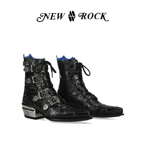 NEW ROCK西班牙潮牌春夏新款哥特雕花暗黑蝙蝠扣金属西部尖头靴