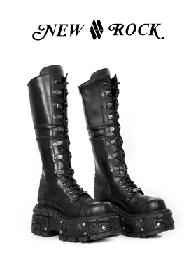 NewRock官方正品秋冬款真皮手工定制暗黑朋克金属厚底松糕高筒靴