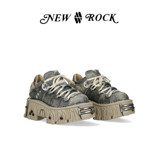 New Rock西班牙潮牌新款复古做旧金属火焰铆钉朋克低帮厚底鞋