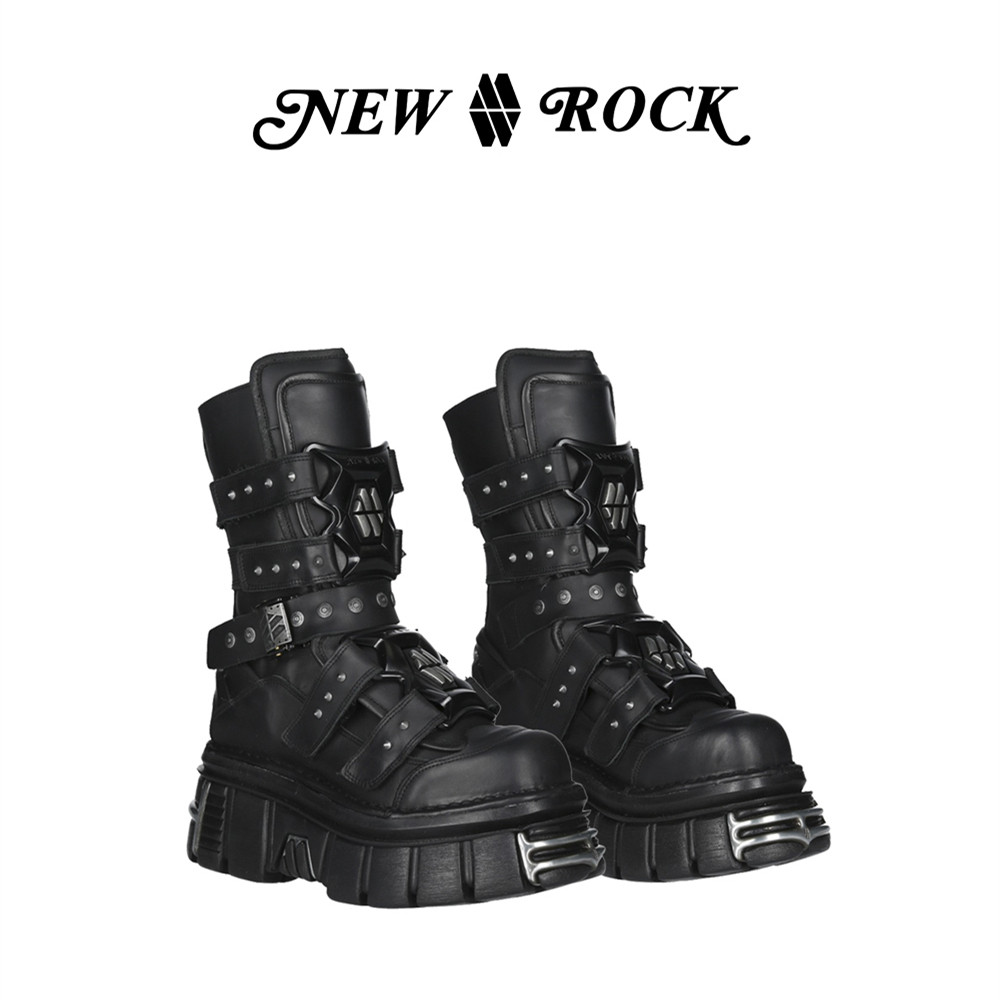 NewRock西班牙潮牌明星同款小众设计暗黑朋克哥特中筒金属厚底靴