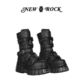 NewRock西班牙潮牌明星同款 小众设计暗黑朋克哥特中筒金属厚底靴