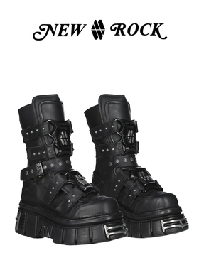 NewRock西班牙潮牌明星同款小众设计暗黑朋克哥特中筒金属厚底靴