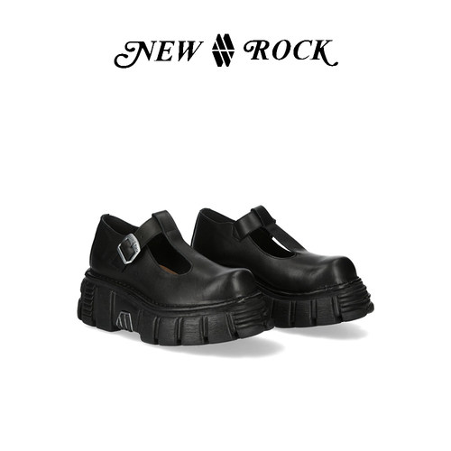 NEW ROCK西班牙潮牌夏季新款T型搭扣甜酷暗黑洛丽塔玛丽珍厚底鞋
