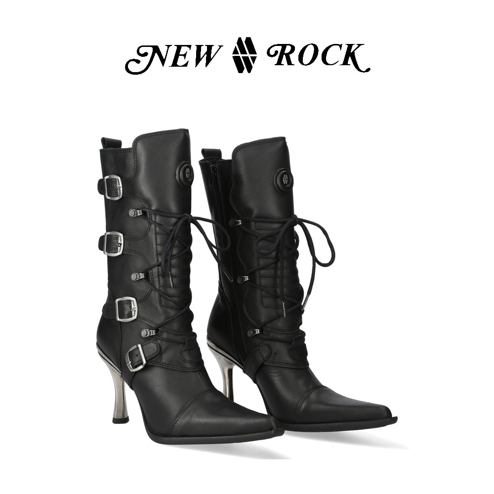NewRock官方正品新款手工暗黑朋克西部尖头真皮中筒牛仔靴女靴