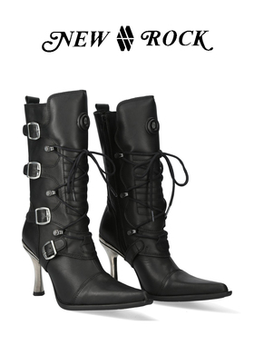 NewRock官方正品新款手工暗黑朋克西部尖头真皮中筒牛仔靴女靴