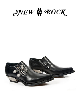 NEW ROCK官方正品手工定制西部雅痞真皮尖头低帮休闲皮鞋男鞋