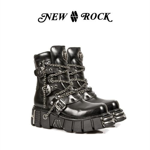 NewRock手工朋克金属铁链厚底靴