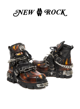NEWROCK官方正品手工进口真皮定制火焰金属铁链朋克厚底短筒皮靴