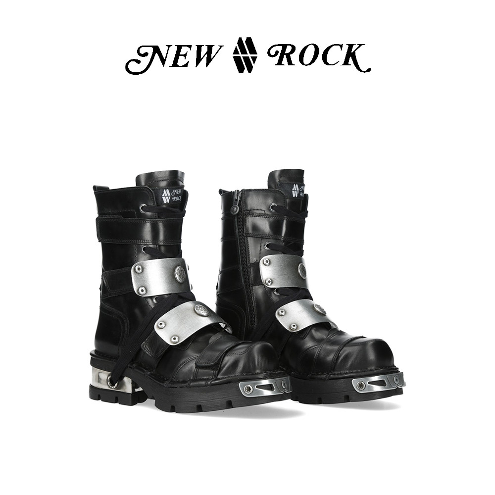 NEW ROCK西班牙潮牌新款先锋设计赛博朋克机械金属绑带厚底机车靴