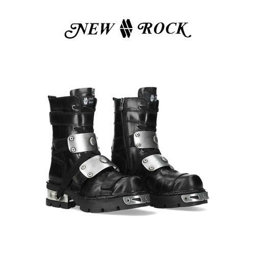 NEW ROCK西班牙潮牌新款先锋设计赛博朋克机械金属绑带厚底机车靴