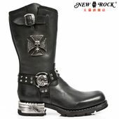 NEWROCK官方正品 真皮手工定制简约骷髅铆钉摩托机车中筒骑士靴