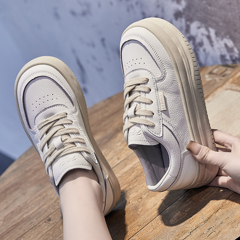真皮小白鞋女2023夏季新款女士厚底百搭松糕圆头厚底软底休闲板鞋