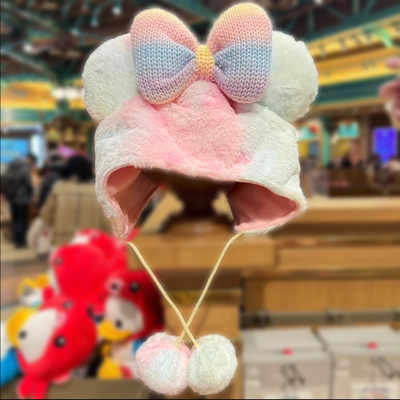 上海迪士尼彩虹米妮毛球毛绒帽子