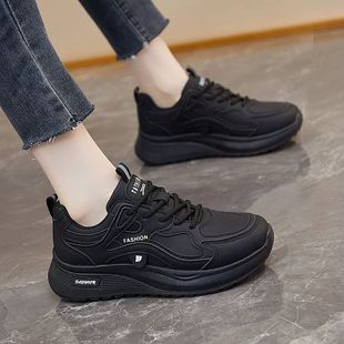 轻便软底防滑老爹鞋 皮面工作百搭休闲鞋 女2025春秋新款 黑色运动鞋