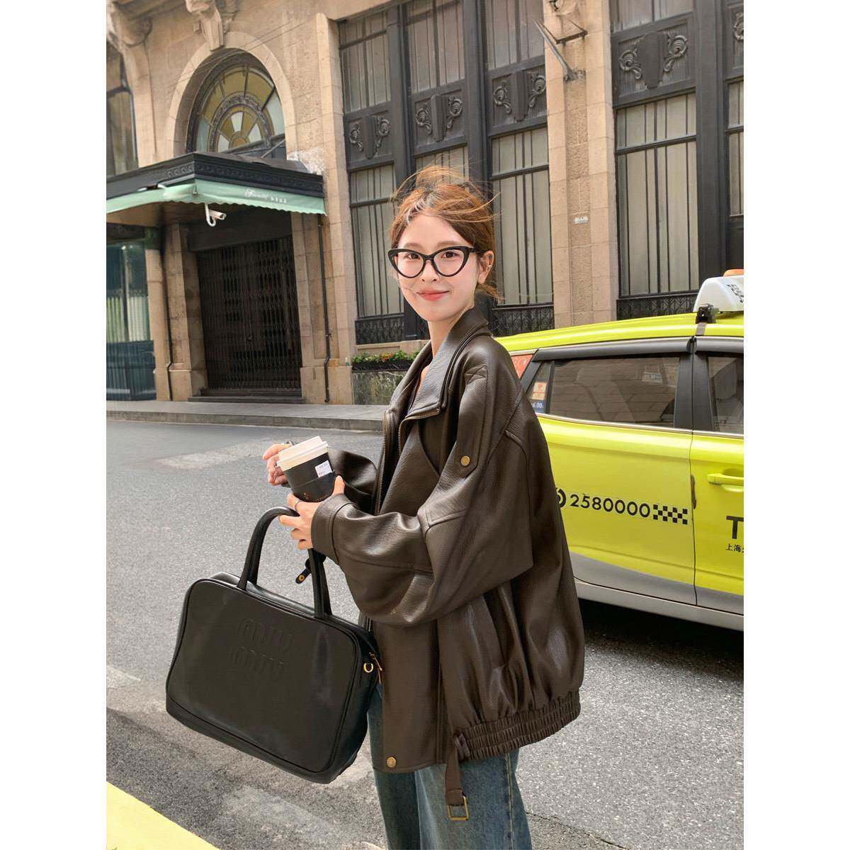 棕色皮衣外套女2025新款酷飒风美式机车蛋白皮宽松立领高级感夹克