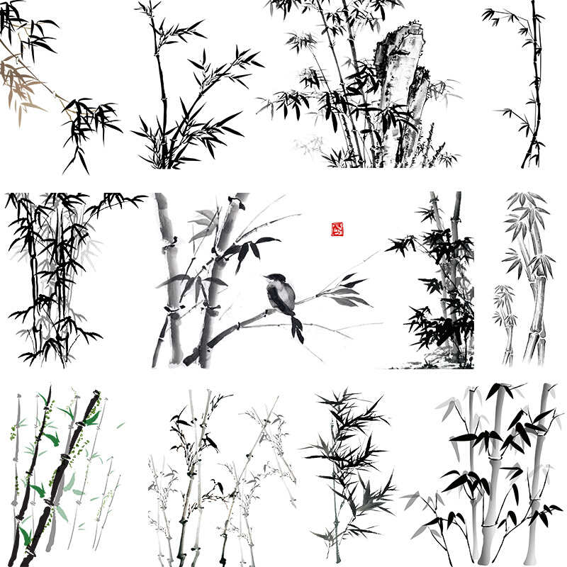 GC-27中国古典传统国潮水墨山水画竹子竹叶装饰壁画PNG设计素材图