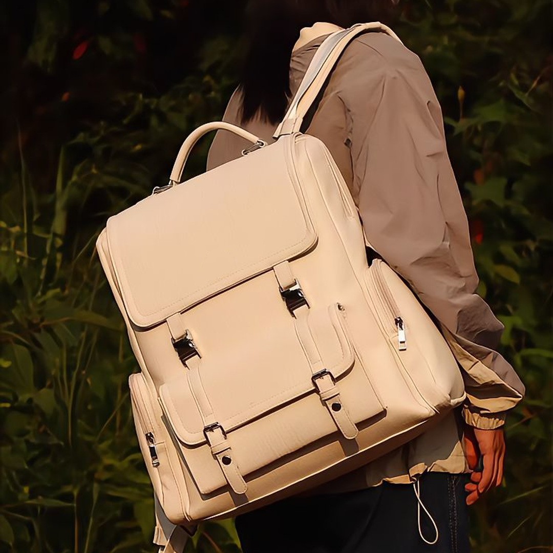 英伦复古软PU皮质双肩包休闲大容量外出旅行皮带扣背包