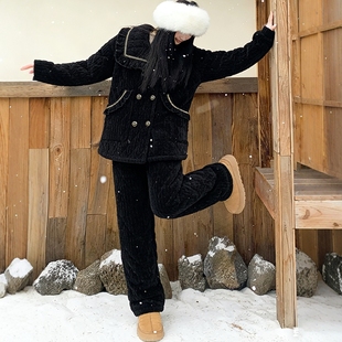 睡衣外穿系列 三层夹棉雪尼尔睡衣女加厚保暖旅行家居服宽松 冬季