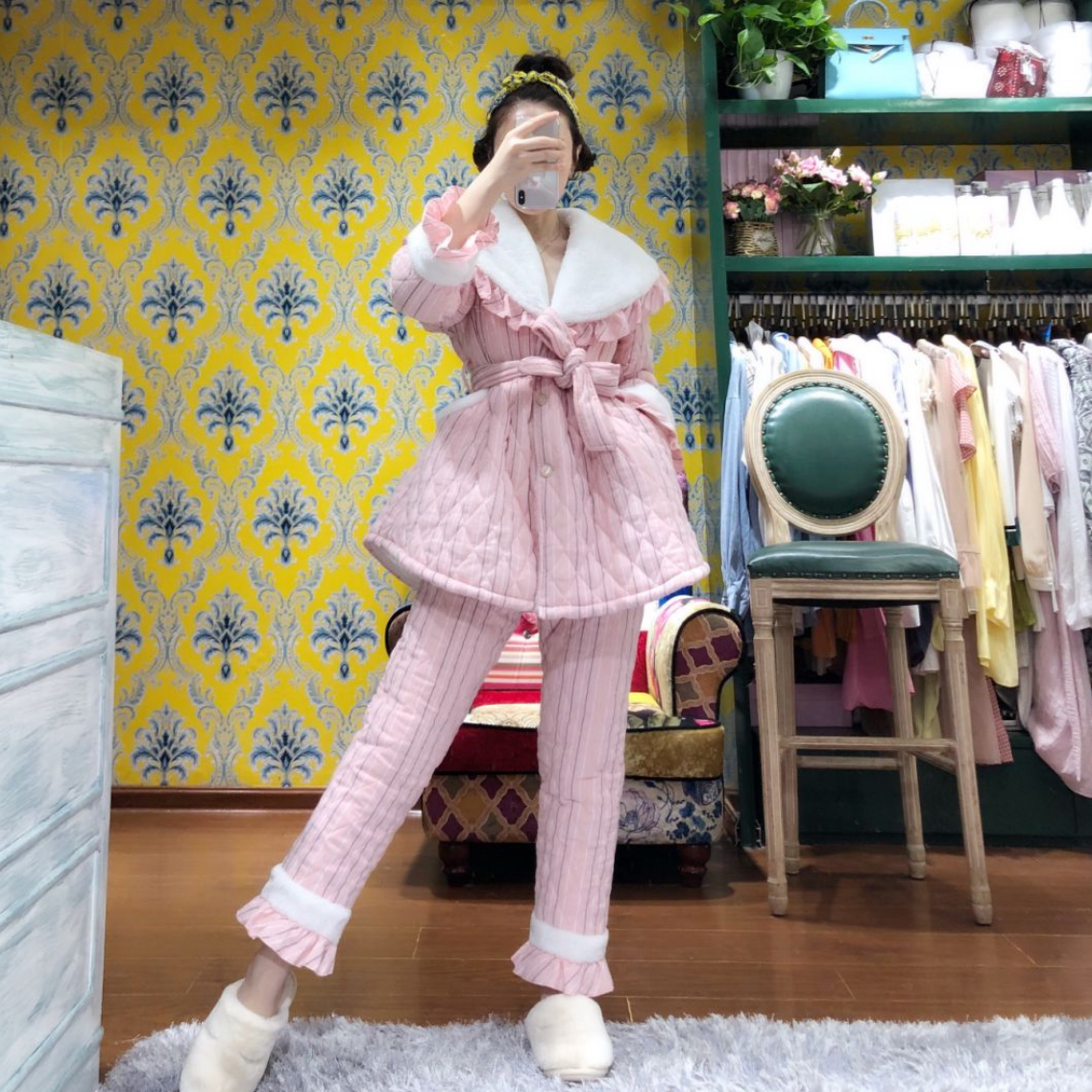 三层夹棉格子竖条纹加绒家居服
