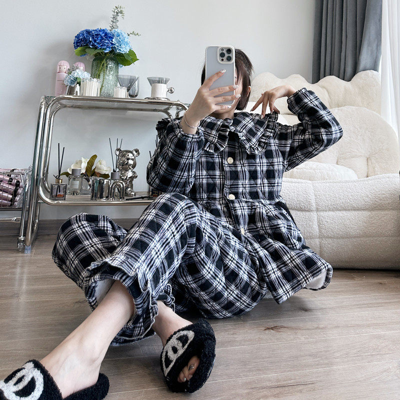 pinkgrape冬季纯棉磨毛三层夹棉加厚女睡衣冬韩版格外穿家居服