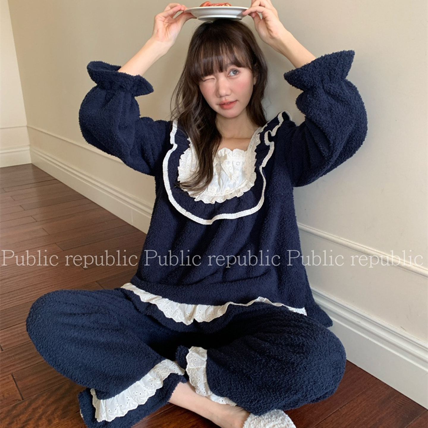 韩国public冬季甜美宫廷风花边蝴蝶结加厚双面荔枝绒公主睡衣套装
