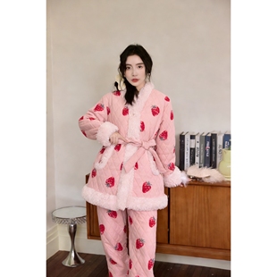 黄色加绒可爱三层夹棉珊瑚法兰绒家居服套装 pink grape睡衣女冬季