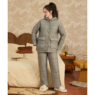 睡衣女秋冬季 冬天三层夹棉袄加厚保暖加绒宽松家居服套装