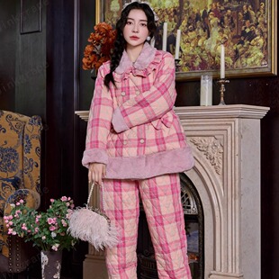 格子家居服 纯棉加厚珊瑚绒夹棉2025新款 pink grape睡衣女秋冬季