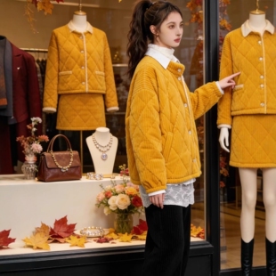 grape冬夹棉睡衣女面包服加绒厚灯芯绒立领珊瑚绒外穿家居服 pink