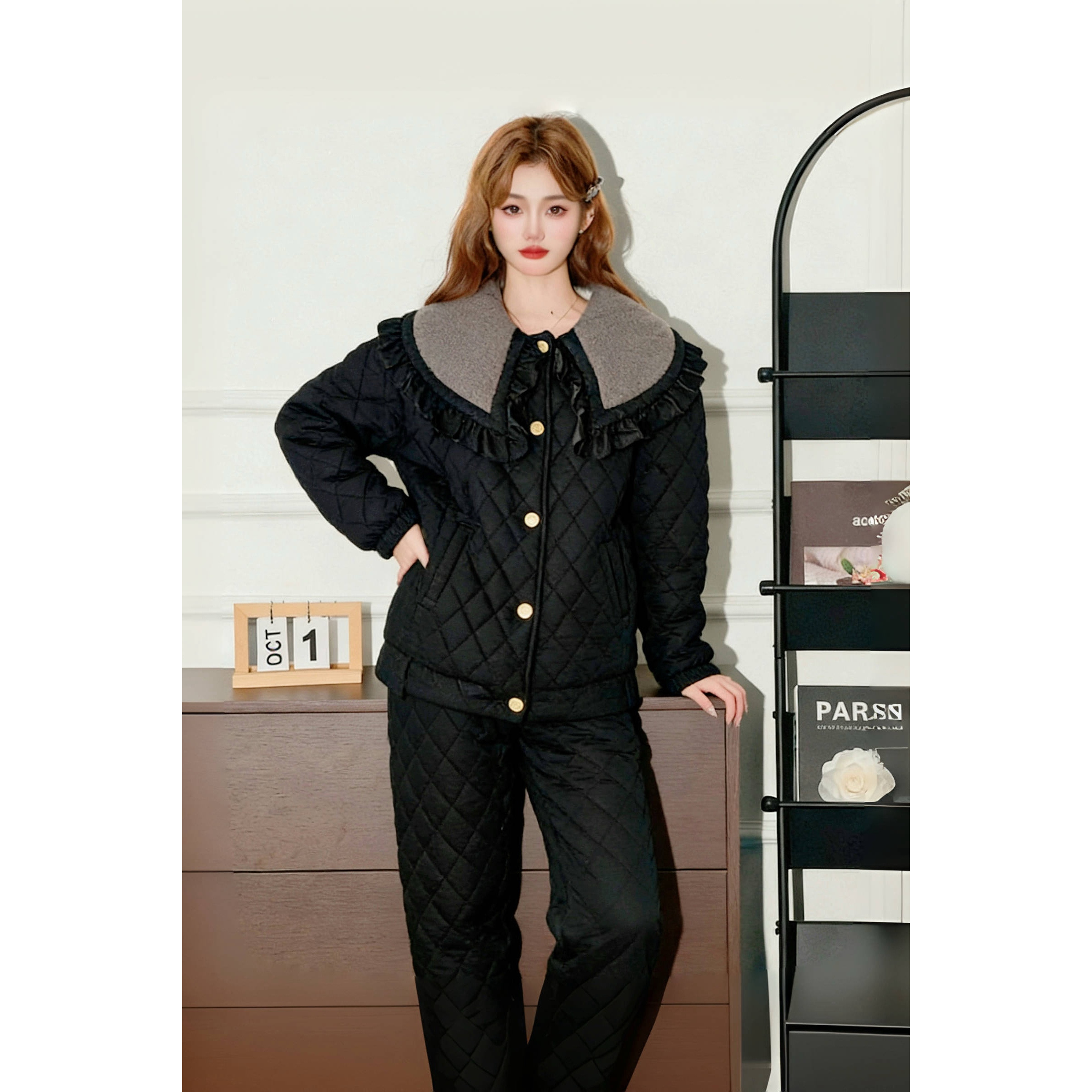 pink grape三层夹棉睡衣女冬季加厚保暖宽松可外穿家居服套装