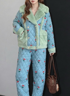 pink grape冬季三层加厚珊瑚绒夹棉睡衣女士保暖加棉冬天家居服女