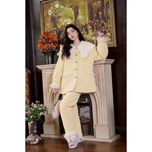 蕾丝睡衣女法兰绒秋冬季 加绒加厚两件套保暖半边绒家居服新